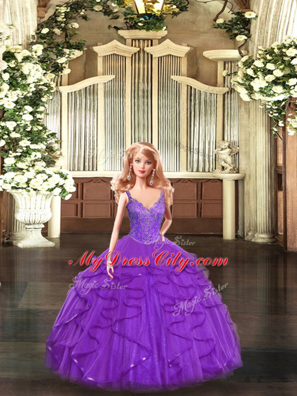 Purple Straps Lace Up Beading and Ruffles Quinceanera Gowns Sleeveless