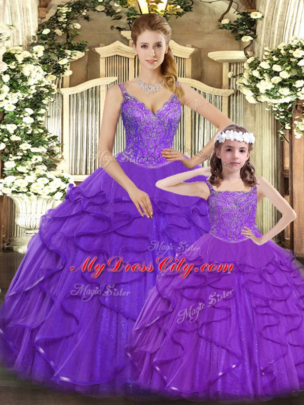 Purple Straps Lace Up Beading and Ruffles Quinceanera Gowns Sleeveless