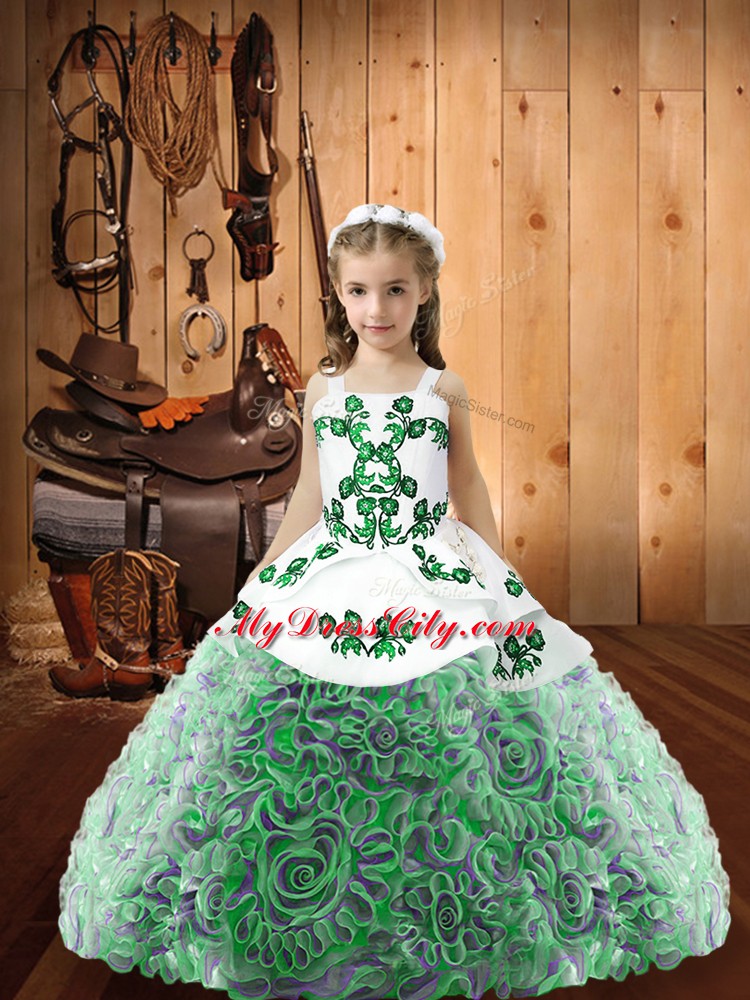 Eye-catching Multi-color Fabric With Rolling Flowers Lace Up Pageant Dress Sleeveless Floor Length Embroidery and Ruffles