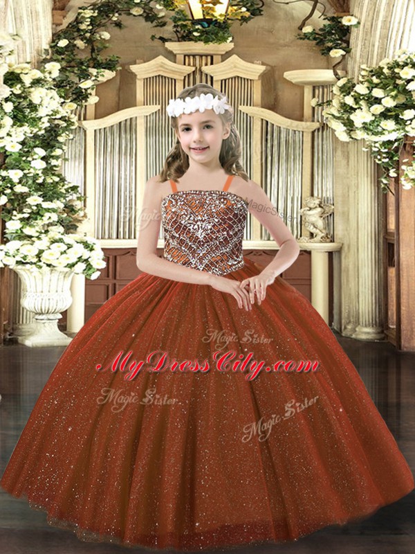 Rust Red Straps Neckline Beading Pageant Gowns For Girls Sleeveless Lace Up