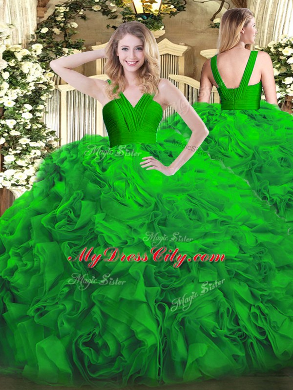 Edgy Ball Gowns Quince Ball Gowns Green V-neck Fabric With Rolling Flowers Sleeveless Floor Length Zipper