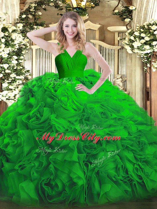 Edgy Ball Gowns Quince Ball Gowns Green V-neck Fabric With Rolling Flowers Sleeveless Floor Length Zipper