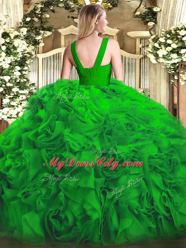 Edgy Ball Gowns Quince Ball Gowns Green V-neck Fabric With Rolling Flowers Sleeveless Floor Length Zipper