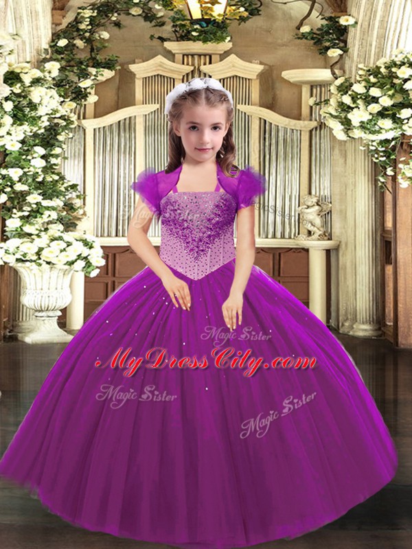 Affordable Tulle Straps Sleeveless Lace Up Beading Pageant Gowns For Girls in Fuchsia