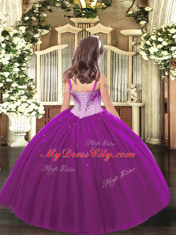 Affordable Tulle Straps Sleeveless Lace Up Beading Pageant Gowns For Girls in Fuchsia