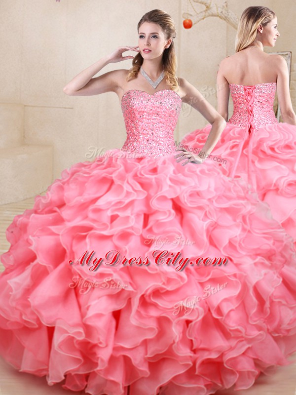 Customized Sweetheart Sleeveless Organza Quince Ball Gowns Beading and Ruffles Lace Up