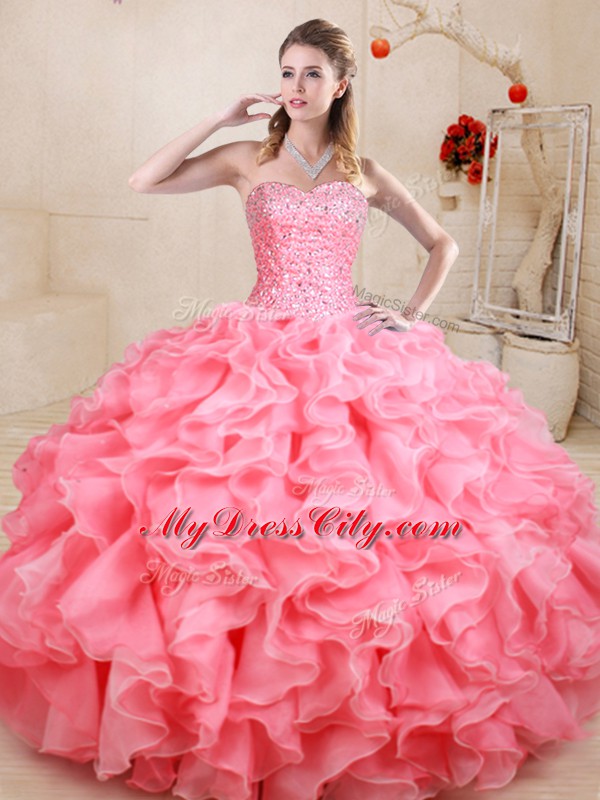 Customized Sweetheart Sleeveless Organza Quince Ball Gowns Beading and Ruffles Lace Up