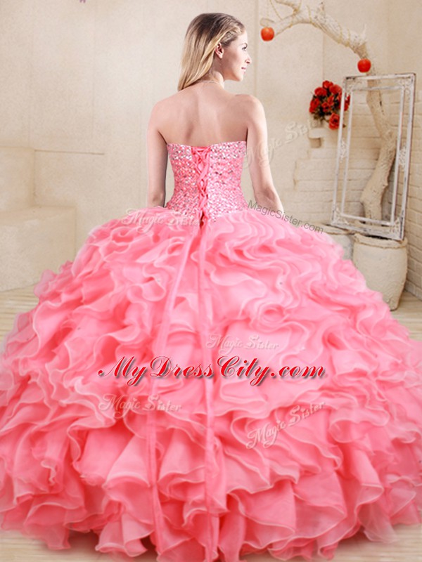 Customized Sweetheart Sleeveless Organza Quince Ball Gowns Beading and Ruffles Lace Up