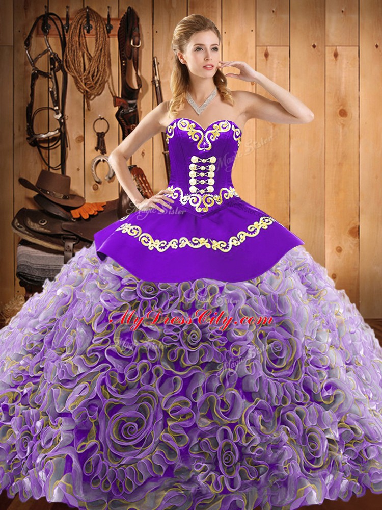 Latest Multi-color Sweetheart Lace Up Embroidery 15th Birthday Dress Sweep Train Sleeveless