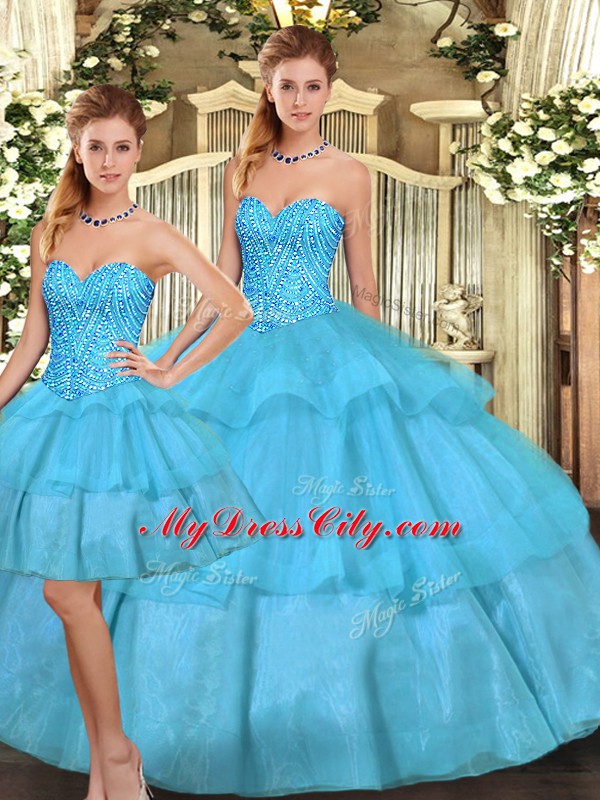 Most Popular Organza Sweetheart Sleeveless Lace Up Beading and Ruffled Layers Quinceanera Gowns in Aqua Blue