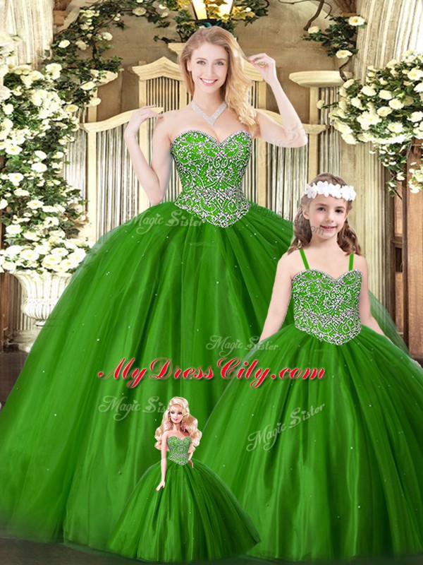 Nice Floor Length Green 15th Birthday Dress Tulle Sleeveless Beading