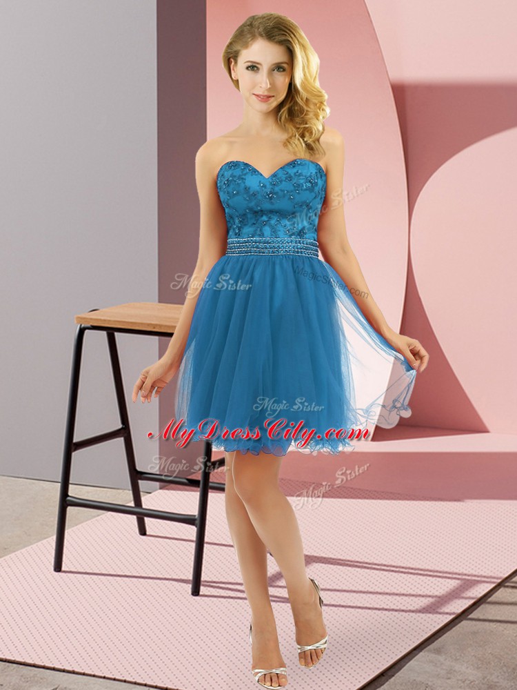 Mini Length Teal Dress for Prom Tulle Sleeveless Beading