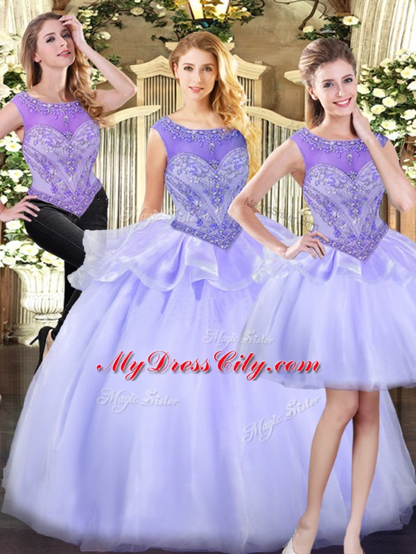 Traditional Lavender Sleeveless Floor Length Beading Zipper Quince Ball Gowns