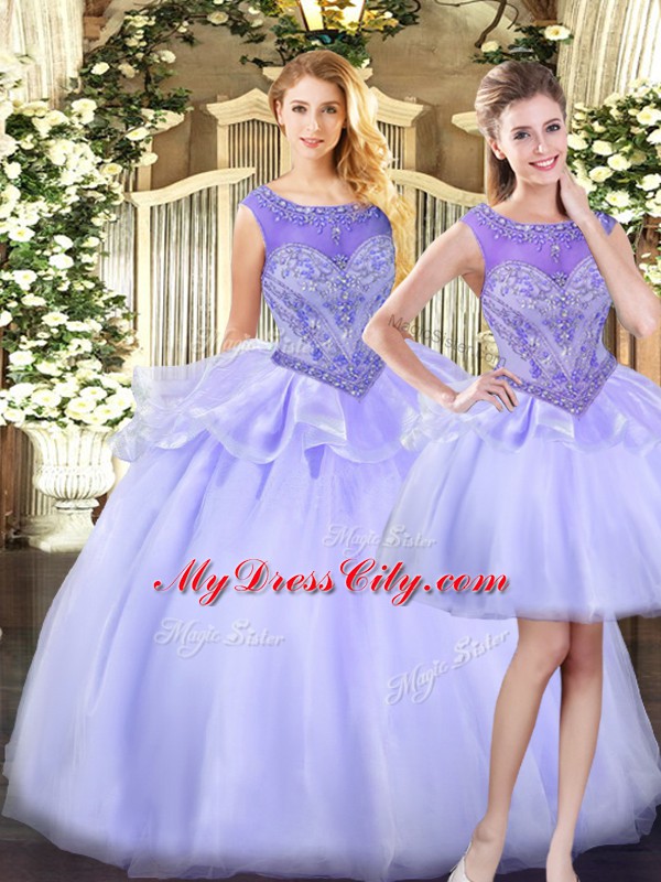 Traditional Lavender Sleeveless Floor Length Beading Zipper Quince Ball Gowns