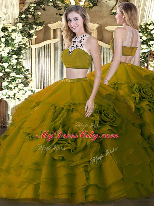 High-neck Sleeveless Quinceanera Dress Floor Length Beading and Ruffled Layers Olive Green Tulle