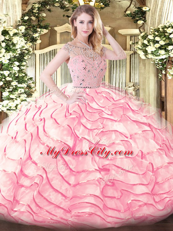 Beading and Ruffled Layers Sweet 16 Dress Baby Pink Zipper Sleeveless Sweep Train