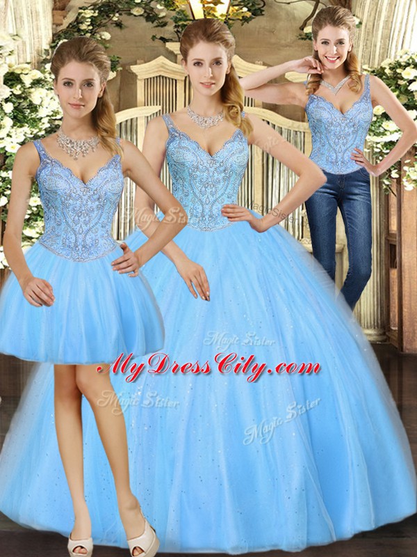 Lovely Baby Blue Straps Neckline Beading Quinceanera Dresses Sleeveless Lace Up