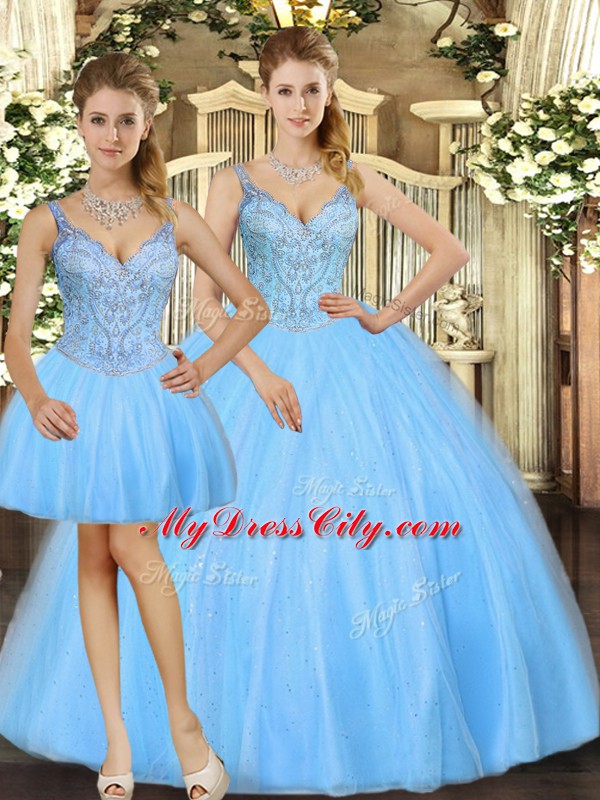 Lovely Baby Blue Straps Neckline Beading Quinceanera Dresses Sleeveless Lace Up