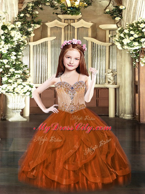 Rust Red Tulle Lace Up Little Girls Pageant Gowns Sleeveless Floor Length Beading and Ruffles