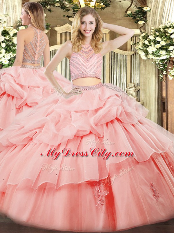 High-neck Sleeveless Zipper Ball Gown Prom Dress Pink Tulle