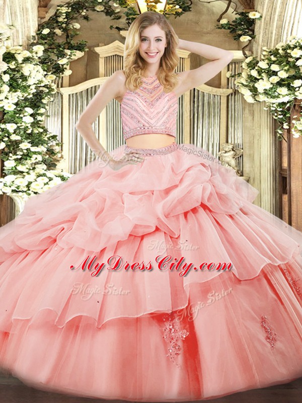 High-neck Sleeveless Zipper Ball Gown Prom Dress Pink Tulle