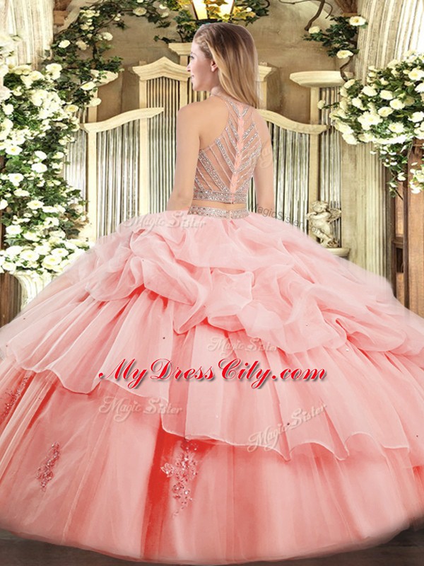 High-neck Sleeveless Zipper Ball Gown Prom Dress Pink Tulle