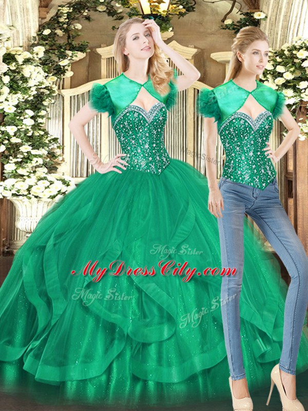 Hot Selling Green Tulle Lace Up Sweetheart Sleeveless Floor Length Vestidos de Quinceanera Beading and Ruffles