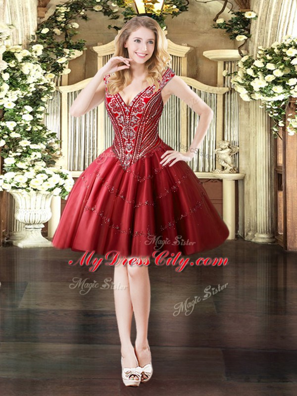 Stylish Mini Length Lace Up Prom Dresses Wine Red for Prom and Party with Beading