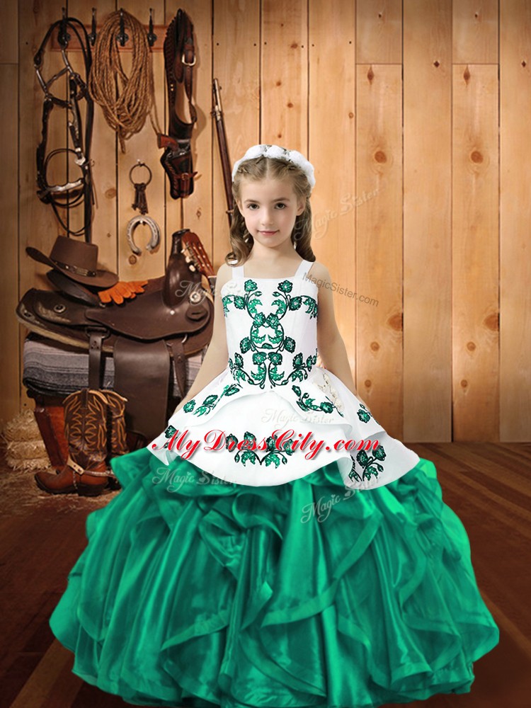 Turquoise Little Girls Pageant Dress Wholesale Sweet 16 and Quinceanera with Embroidery and Ruffles Straps Sleeveless Lace Up