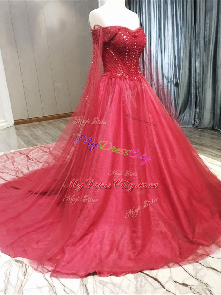 Stylish A-line Sleeveless Coral Red Wedding Dress Court Train Zipper