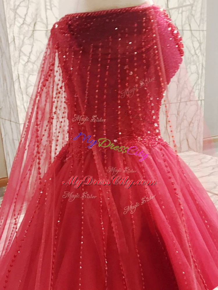 Stylish A-line Sleeveless Coral Red Wedding Dress Court Train Zipper