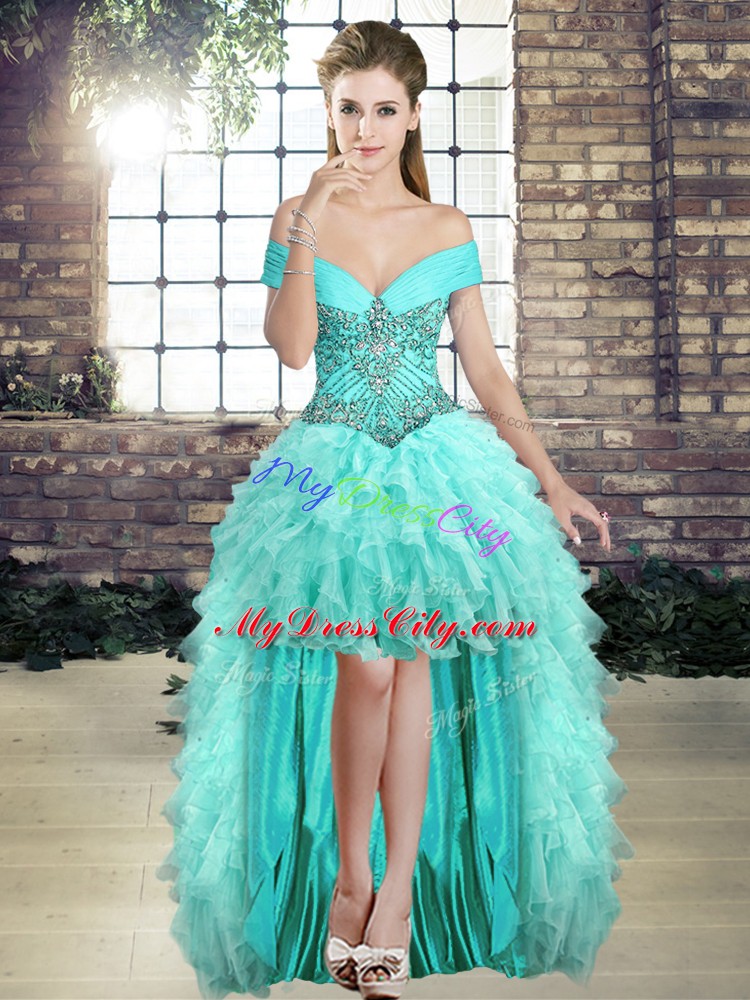 High Class High Low Aqua Blue Prom Gown Organza Sleeveless Beading and Ruffles