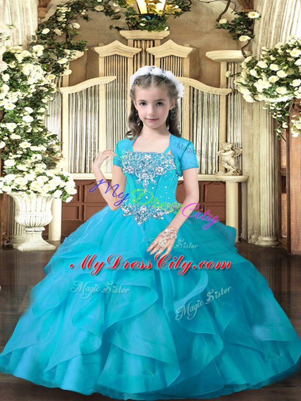 Cute Aqua Blue Straps Lace Up Beading and Ruffles Little Girl Pageant Gowns Sleeveless