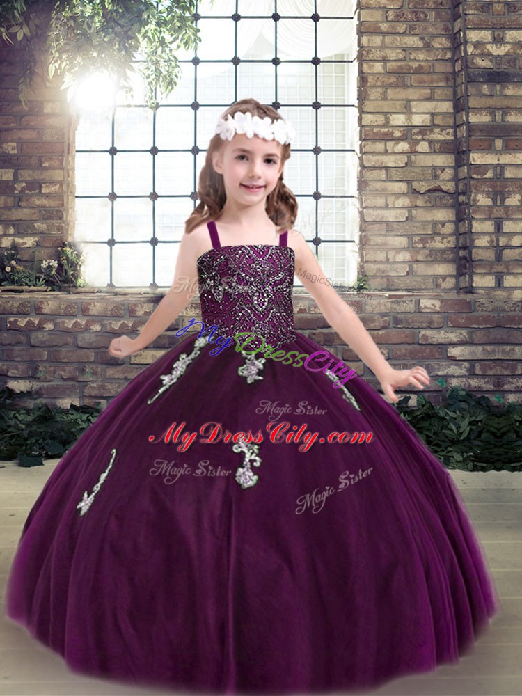 Exquisite Eggplant Purple Lace Up Straps Appliques Kids Formal Wear Tulle Sleeveless