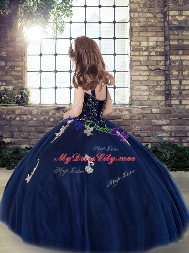 Exquisite Eggplant Purple Lace Up Straps Appliques Kids Formal Wear Tulle Sleeveless