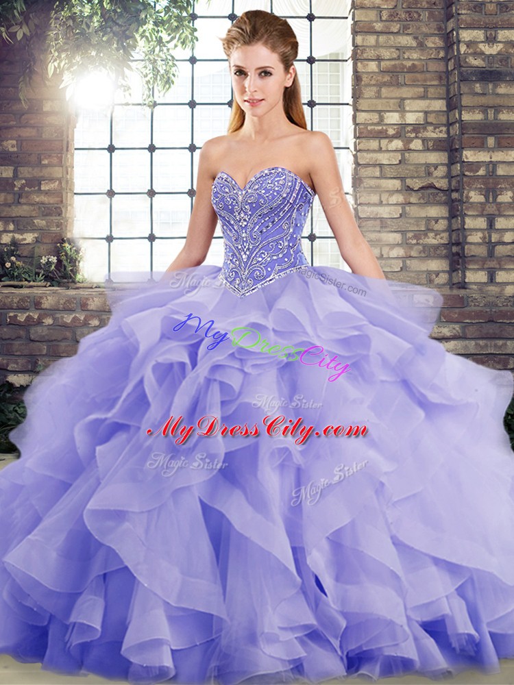 Lavender Ball Gowns Tulle Sweetheart Sleeveless Beading and Ruffles Lace Up Quinceanera Gown Brush Train