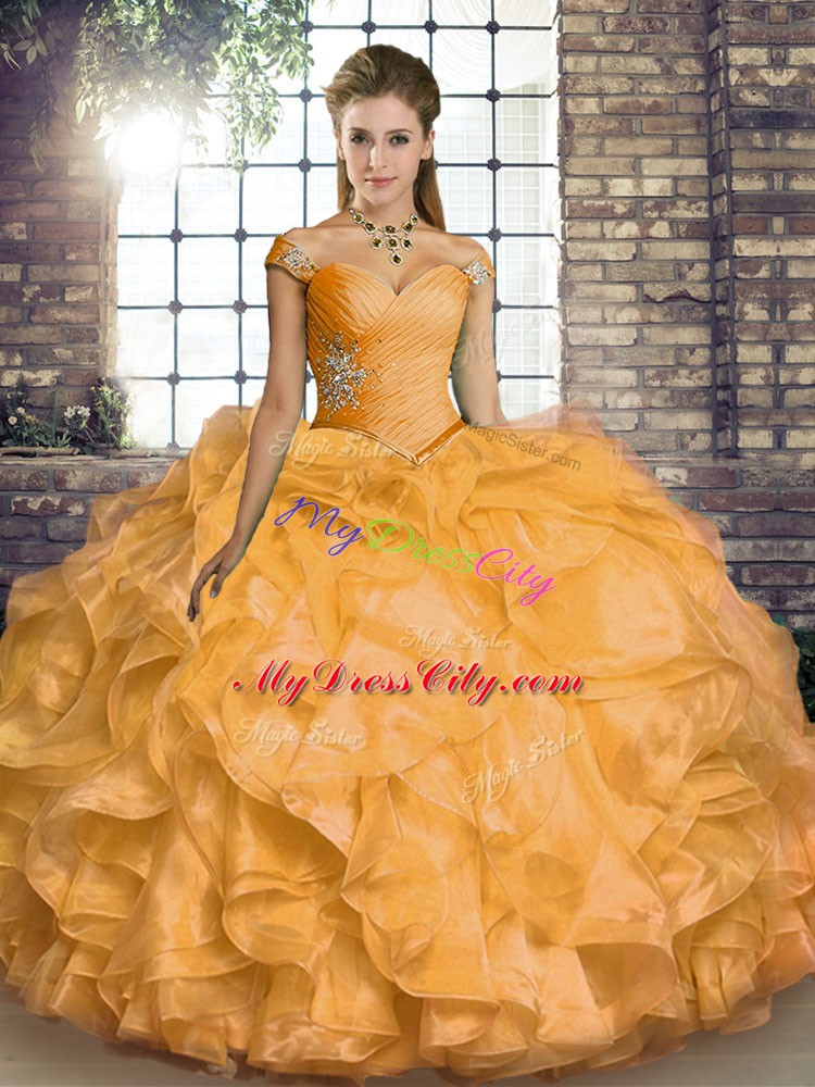 Pretty Floor Length Ball Gowns Sleeveless Gold Vestidos de Quinceanera Lace Up