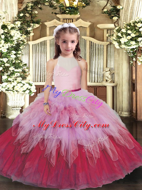 Floor Length Backless Little Girl Pageant Dress Multi-color for Party and Wedding Party with Ruffles