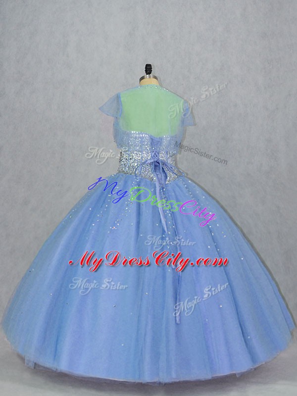 Gorgeous Tulle Sleeveless Floor Length 15 Quinceanera Dress and Beading