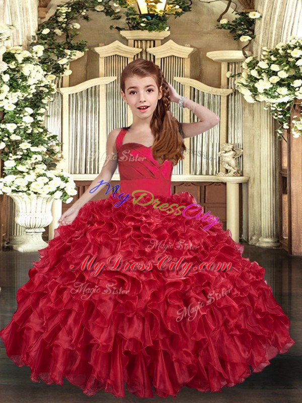 Red Lace Up Straps Ruffles Pageant Dress for Teens Organza Sleeveless