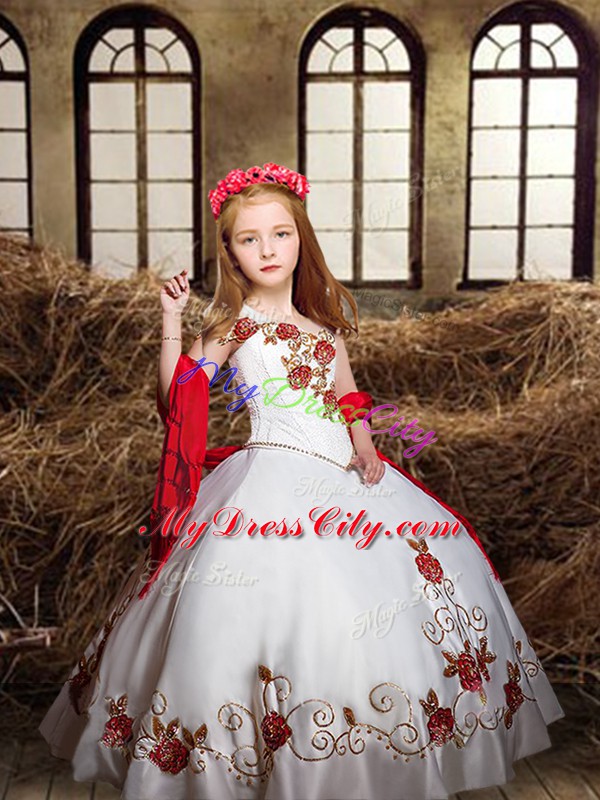 White Ball Gowns Off The Shoulder Sleeveless Satin Floor Length Lace Up Embroidery Child Pageant Dress