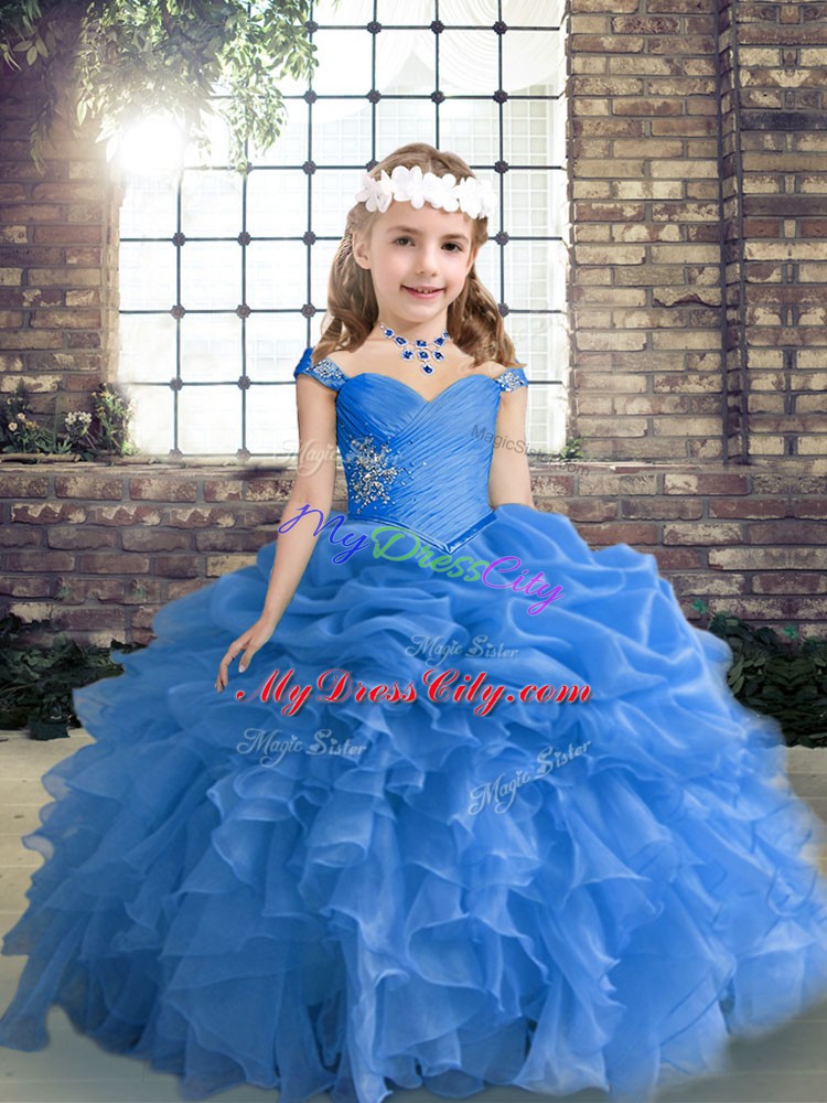 Floor Length Lace Up Pageant Dress for Girls Blue for Party and Wedding Party with Beading and Ruffles and Pick Ups