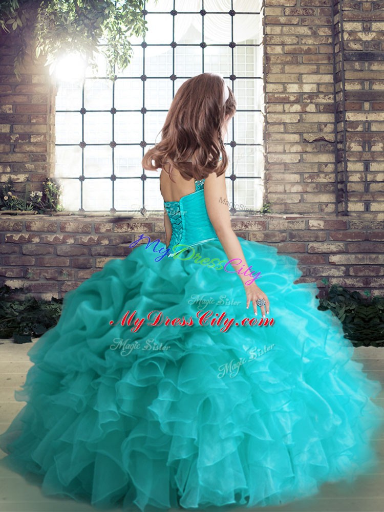 Floor Length Lace Up Pageant Dress for Girls Blue for Party and Wedding Party with Beading and Ruffles and Pick Ups