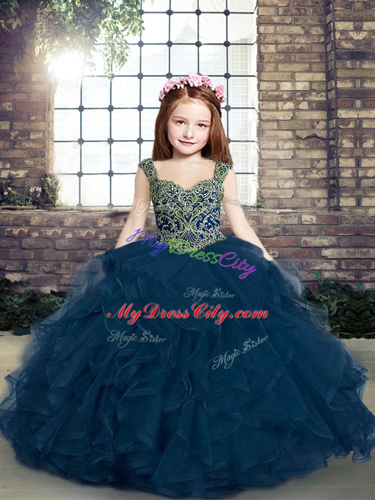 Super Blue Little Girls Pageant Gowns Tulle Sleeveless Beading and Ruffles