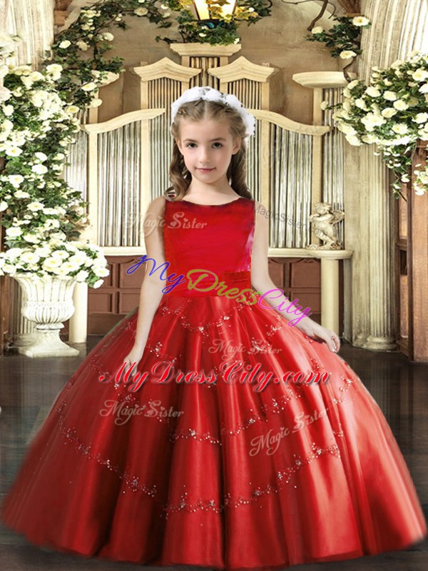 Gorgeous Sleeveless Floor Length Beading Lace Up Winning Pageant Gowns with Red