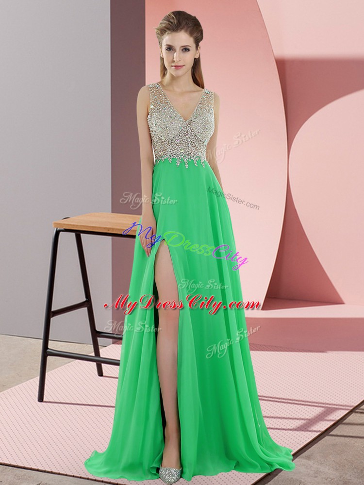 Green Empire Chiffon V-neck Sleeveless Beading Zipper Going Out Dresses Sweep Train