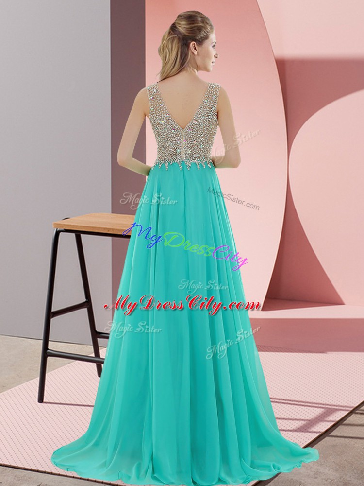 Green Empire Chiffon V-neck Sleeveless Beading Zipper Going Out Dresses Sweep Train