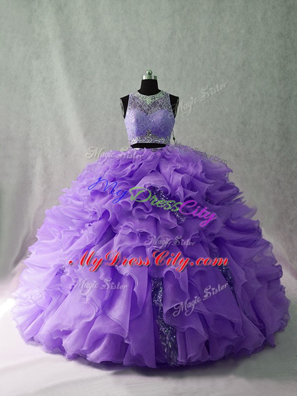 Lavender Ball Gowns Organza and Sequined Scoop Sleeveless Beading and Ruffles Floor Length Zipper 15 Quinceanera Dress Brush Train