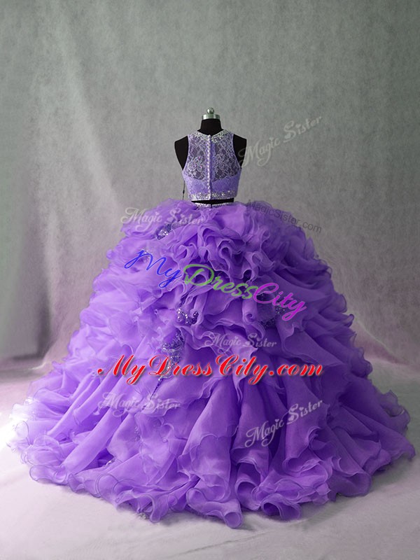 Lavender Ball Gowns Organza and Sequined Scoop Sleeveless Beading and Ruffles Floor Length Zipper 15 Quinceanera Dress Brush Train