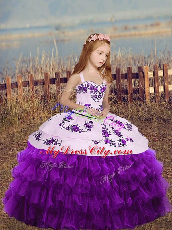 Sleeveless Organza Floor Length Lace Up Pageant Dress Womens in Eggplant Purple with Embroidery and Ruffled Layers